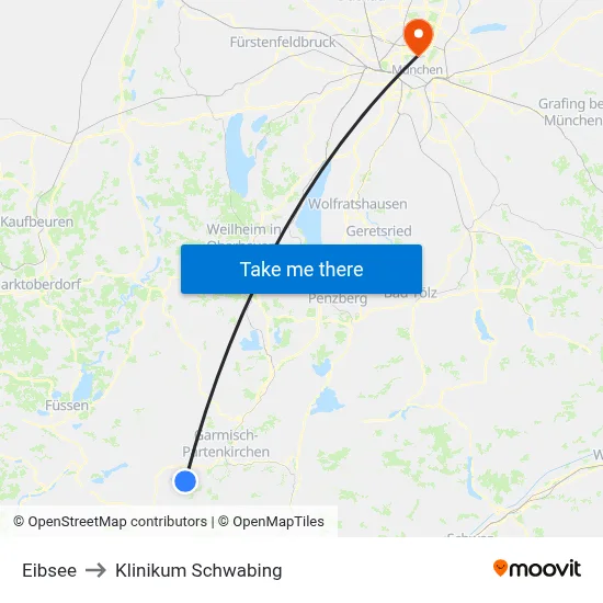 Eibsee to Klinikum Schwabing map