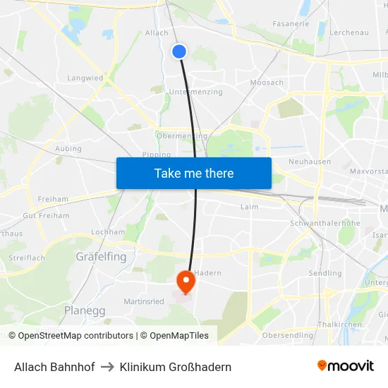 Allach Bahnhof to Klinikum Großhadern map