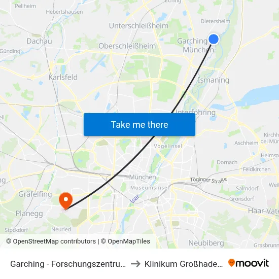Garching - Forschungszentrum to Klinikum Großhadern map