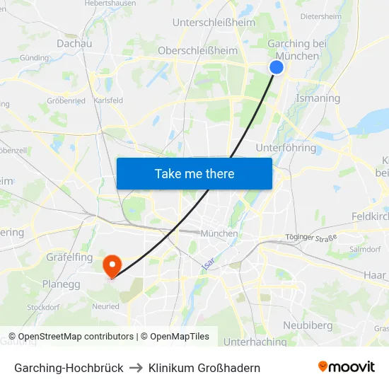 Garching-Hochbrück to Klinikum Großhadern map