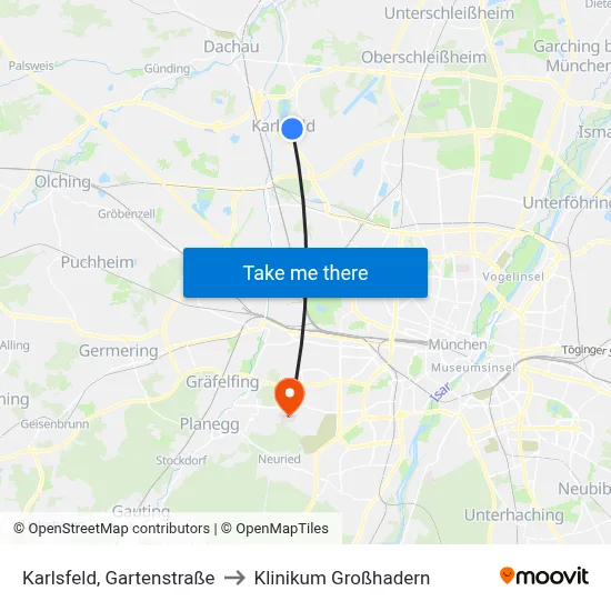Karlsfeld, Gartenstraße to Klinikum Großhadern map