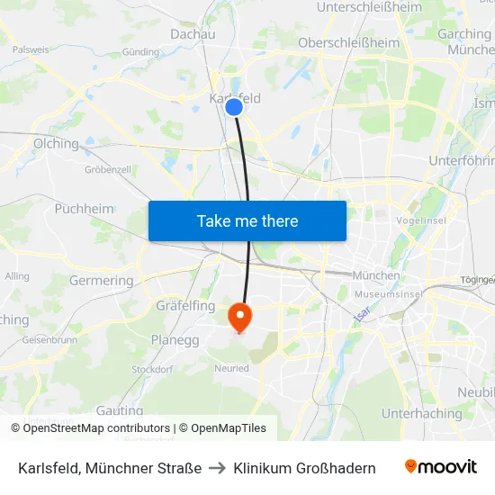 Karlsfeld, Münchner Straße to Klinikum Großhadern map