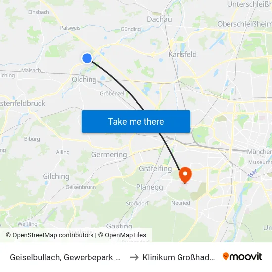 Geiselbullach, Gewerbepark Süd to Klinikum Großhadern map