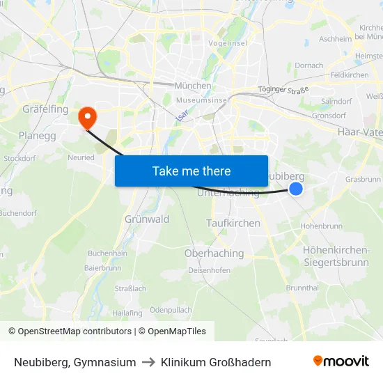 Neubiberg, Gymnasium to Klinikum Großhadern map