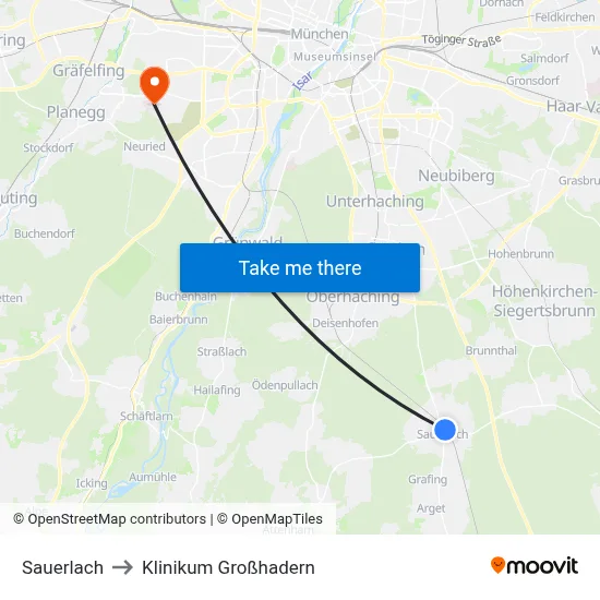 Sauerlach to Klinikum Großhadern map