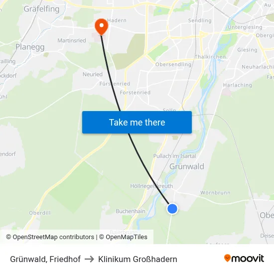 Grünwald, Friedhof to Klinikum Großhadern map