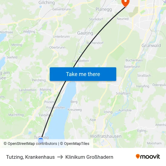 Tutzing, Krankenhaus to Klinikum Großhadern map