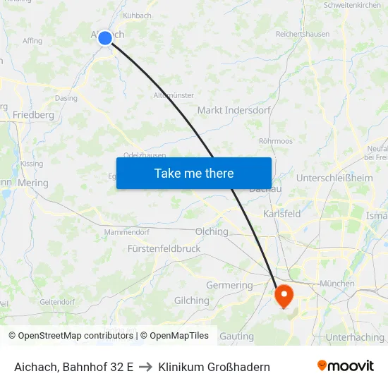 Aichach, Bahnhof 32 E to Klinikum Großhadern map
