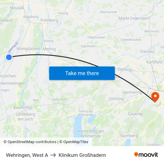 Wehringen, West A to Klinikum Großhadern map