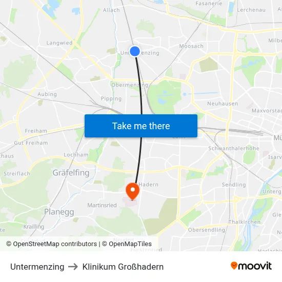 Untermenzing to Klinikum Großhadern map