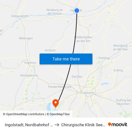 Ingolstadt, Nordbahnhof Ost to Chirurgische Klinik Seefeld map