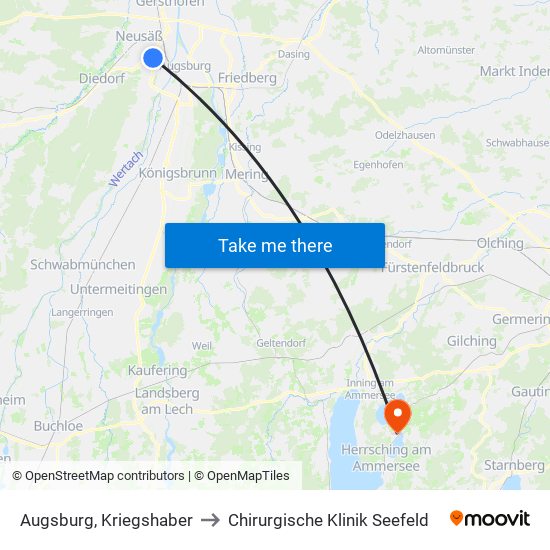 Augsburg, Kriegshaber to Chirurgische Klinik Seefeld map