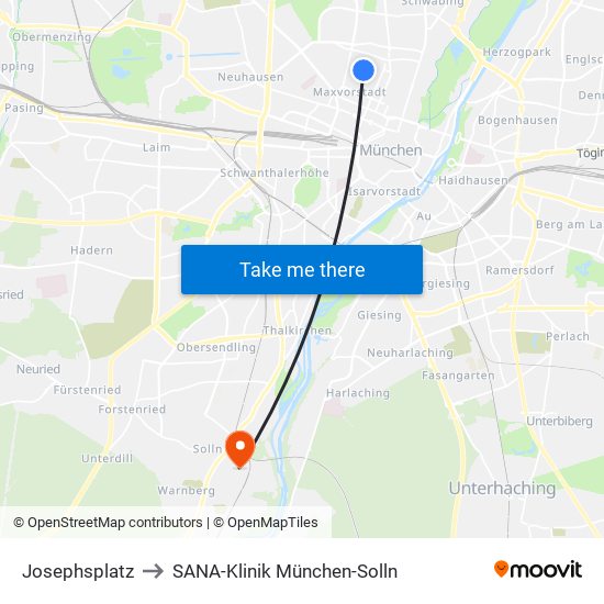 Josephsplatz to SANA-Klinik München-Solln map