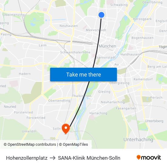 Hohenzollernplatz to SANA-Klinik München-Solln map