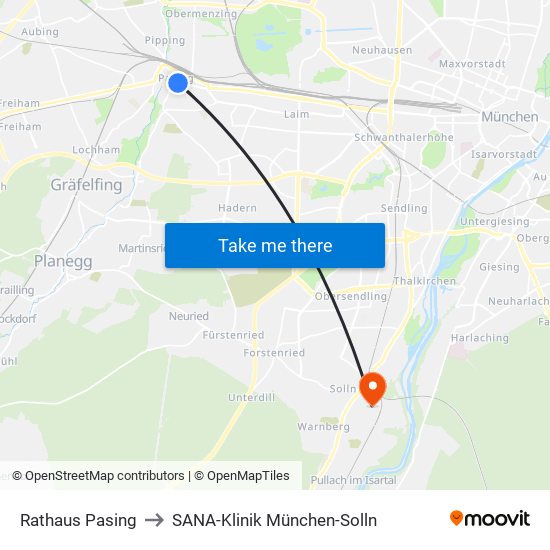 Rathaus Pasing to SANA-Klinik München-Solln map