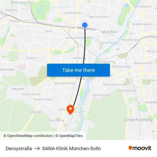 Deroystraße to SANA-Klinik München-Solln map