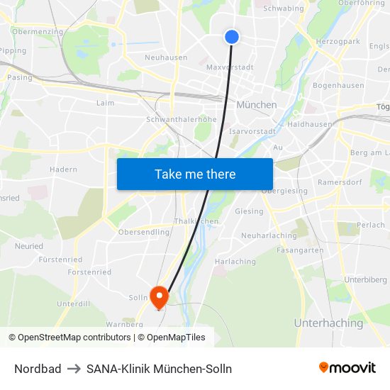 Nordbad to SANA-Klinik München-Solln map