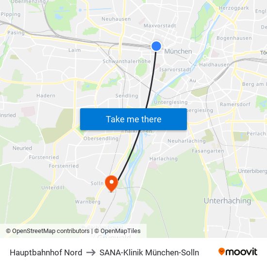 Hauptbahnhof Nord to SANA-Klinik München-Solln map