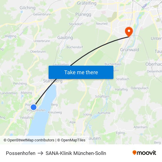 Possenhofen to SANA-Klinik München-Solln map