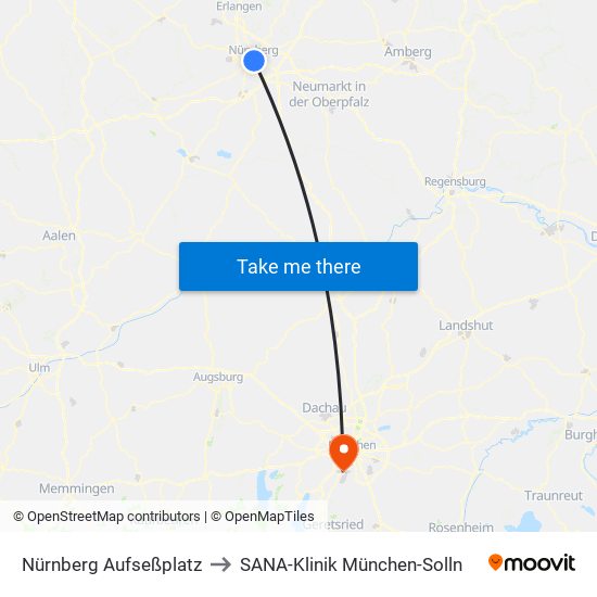 Nürnberg Aufseßplatz to SANA-Klinik München-Solln map