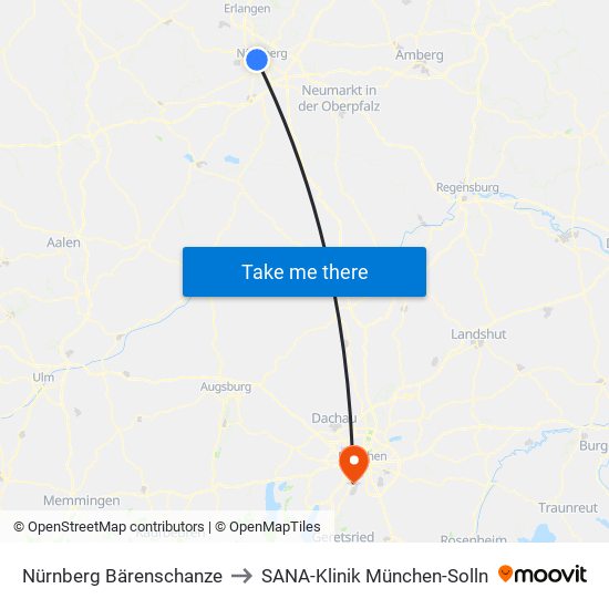 Nürnberg Bärenschanze to SANA-Klinik München-Solln map