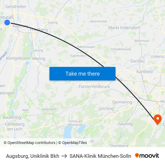 Augsburg, Uniklinik Bkh to SANA-Klinik München-Solln map