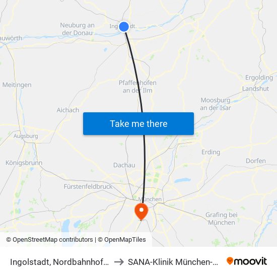 Ingolstadt, Nordbahnhof Ost to SANA-Klinik München-Solln map