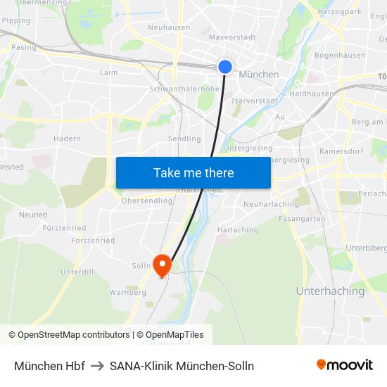 München Hbf to SANA-Klinik München-Solln map