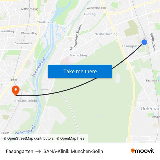 Fasangarten to SANA-Klinik München-Solln map