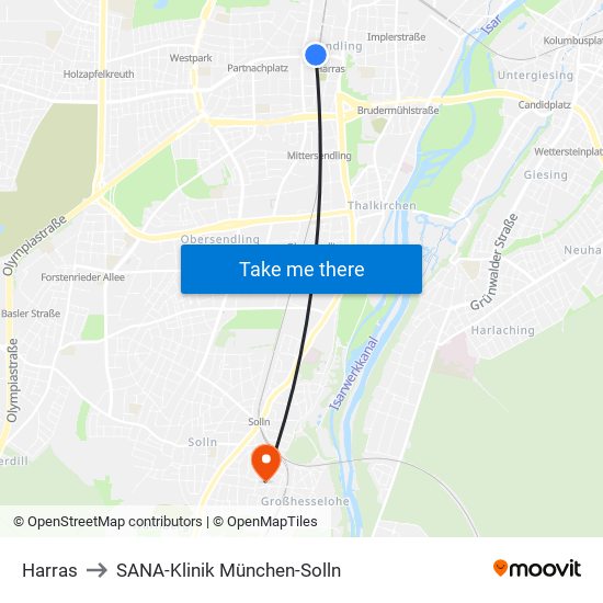 Harras to SANA-Klinik München-Solln map