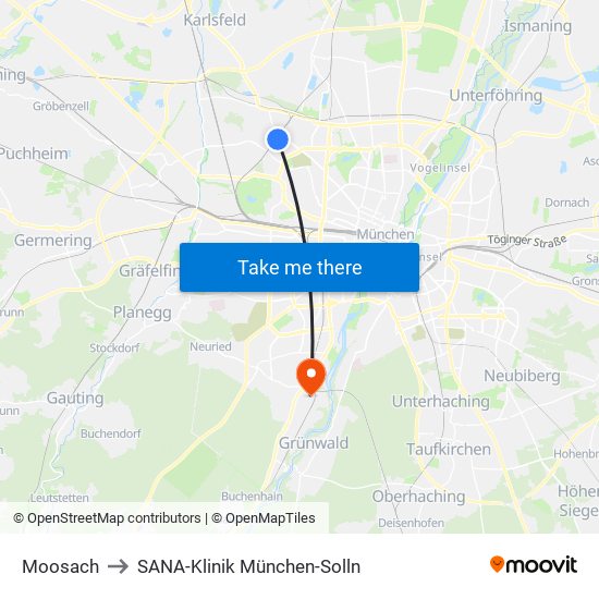 Moosach to SANA-Klinik München-Solln map