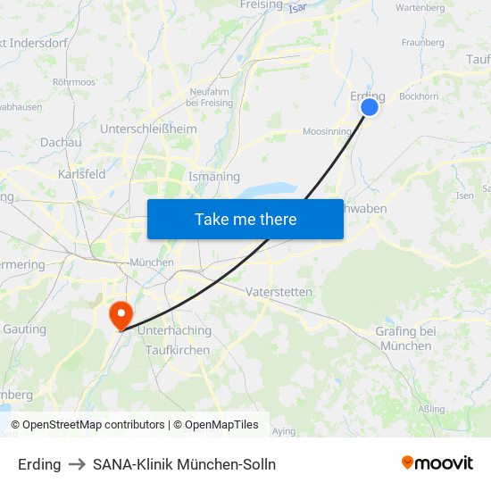 Erding to SANA-Klinik München-Solln map
