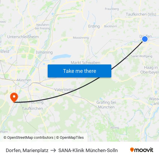 Dorfen, Marienplatz to SANA-Klinik München-Solln map