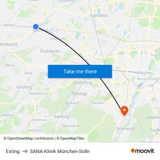 Esting to SANA-Klinik München-Solln map