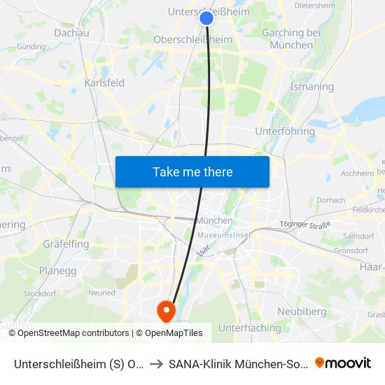 Unterschleißheim (S) Ost to SANA-Klinik München-Solln map