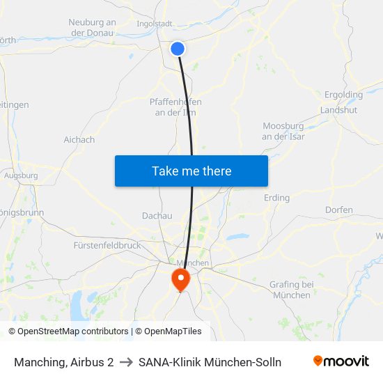 Manching, Airbus 2 to SANA-Klinik München-Solln map