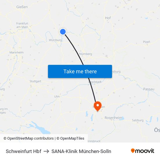 Schweinfurt Hbf to SANA-Klinik München-Solln map