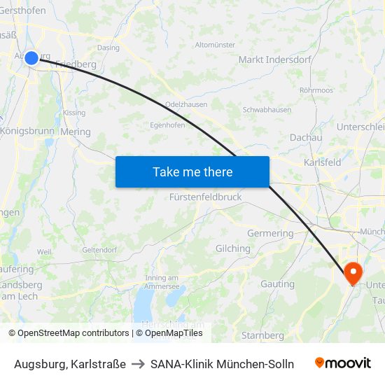 Augsburg, Karlstraße to SANA-Klinik München-Solln map