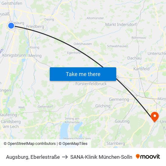 Augsburg, Eberlestraße to SANA-Klinik München-Solln map