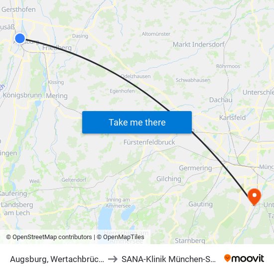 Augsburg, Wertachbrücke to SANA-Klinik München-Solln map