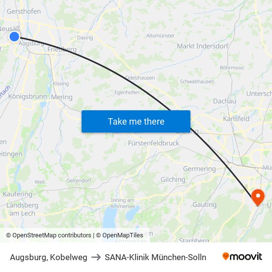 Augsburg, Kobelweg to SANA-Klinik München-Solln map