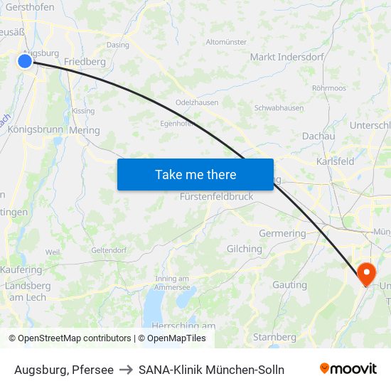 Augsburg, Pfersee to SANA-Klinik München-Solln map