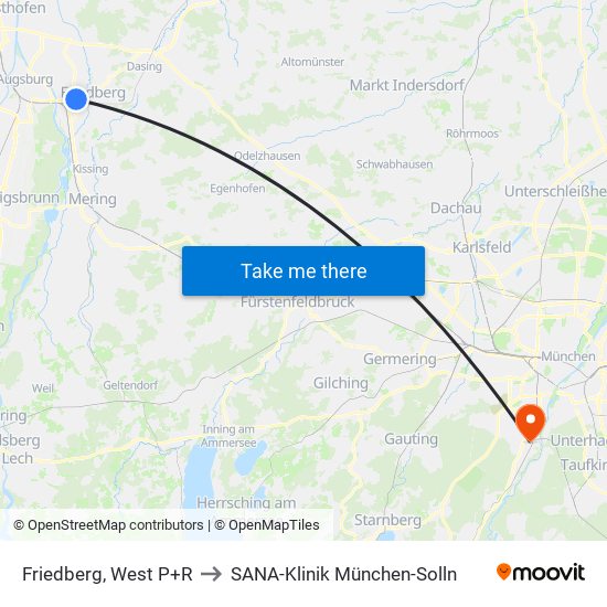 Friedberg, West P+R to SANA-Klinik München-Solln map