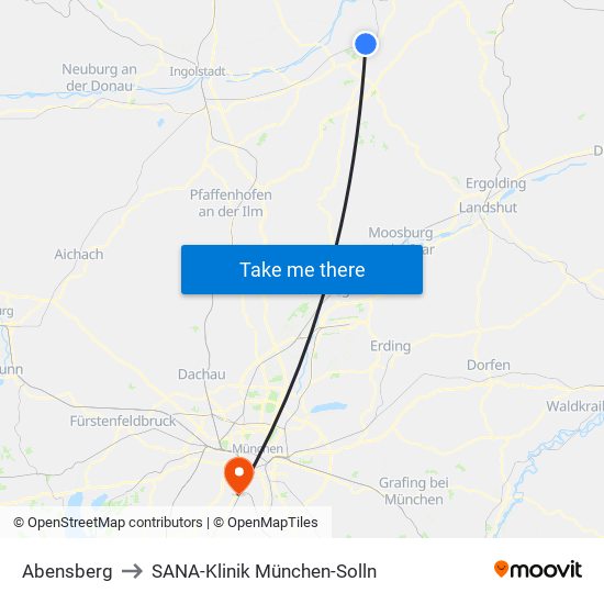 Abensberg to SANA-Klinik München-Solln map