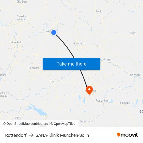 Rottendorf to SANA-Klinik München-Solln map