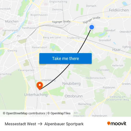 Messestadt West to Alpenbauer Sportpark map