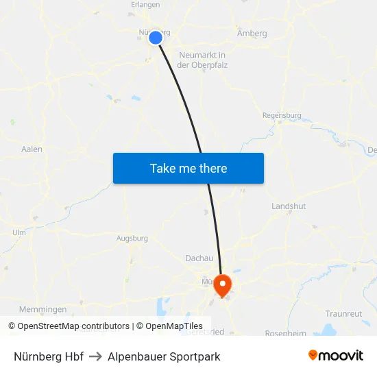 Nürnberg Hbf to Alpenbauer Sportpark map