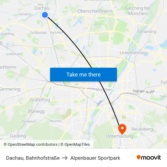 Dachau, Bahnhofstraße to Alpenbauer Sportpark map