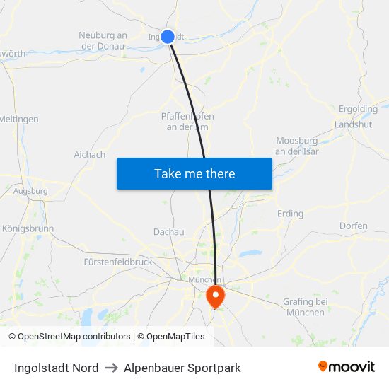 Ingolstadt Nord to Alpenbauer Sportpark map