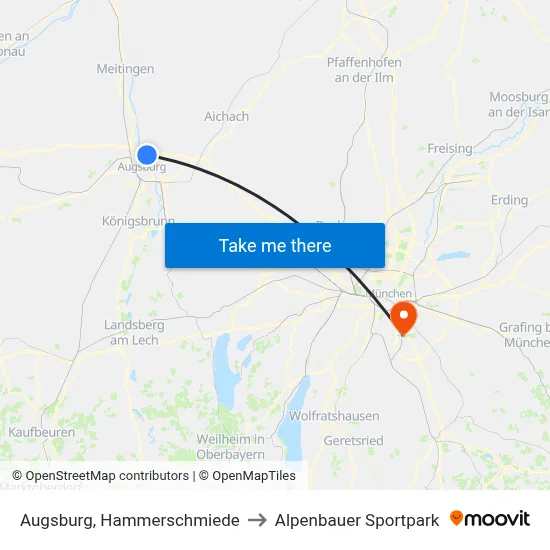 Augsburg, Hammerschmiede to Alpenbauer Sportpark map